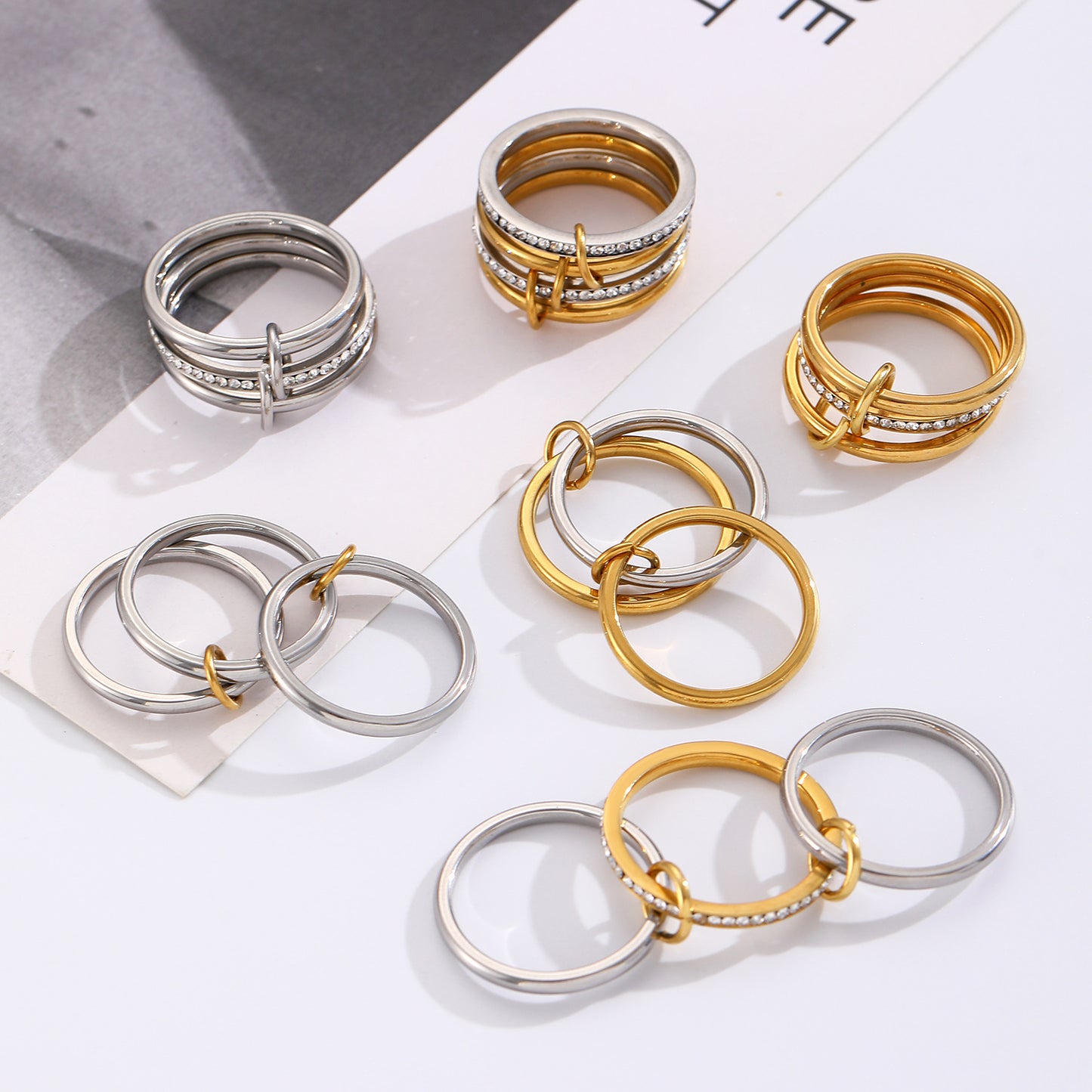 Two-Tone Geometric Stainless Steel Ring with Cubic Zirconia Plating for Women