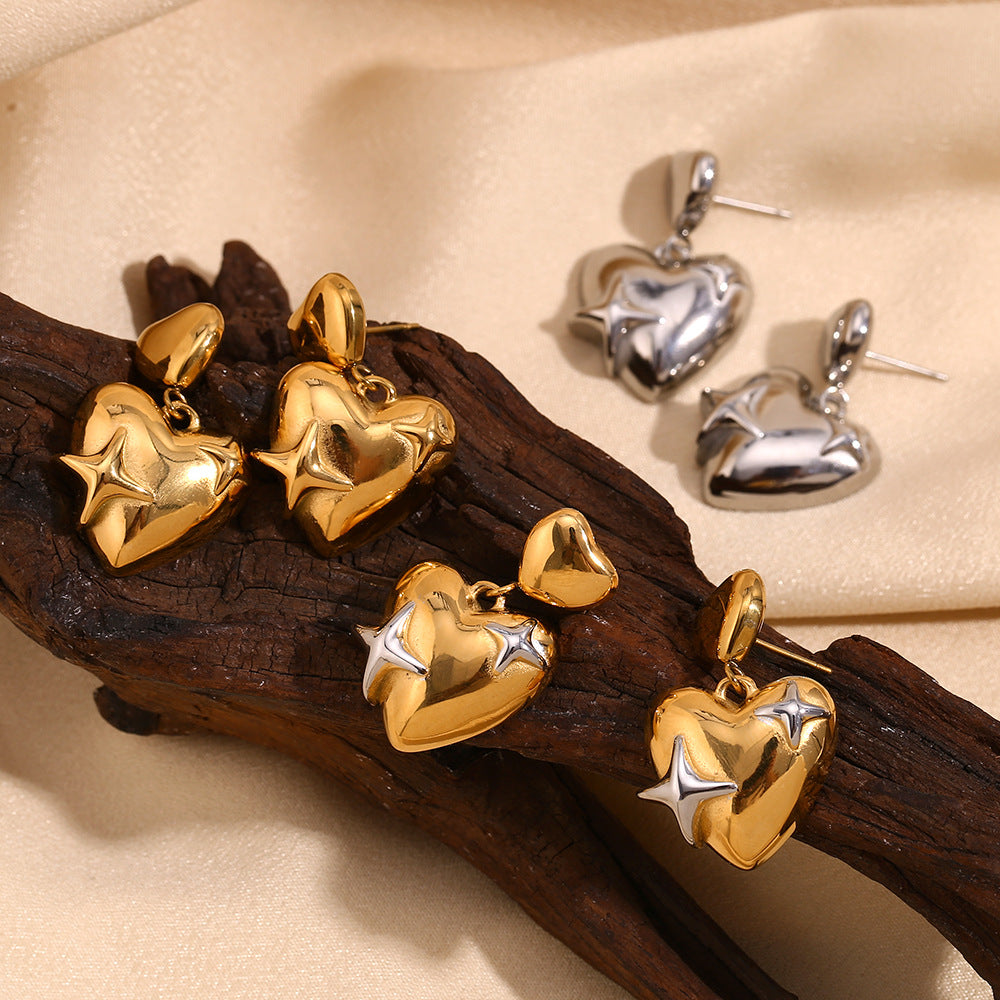 Fashionable Minimalist Star and Heart Shape Stainless Steel Earrings with 18K Gold Plating for Women