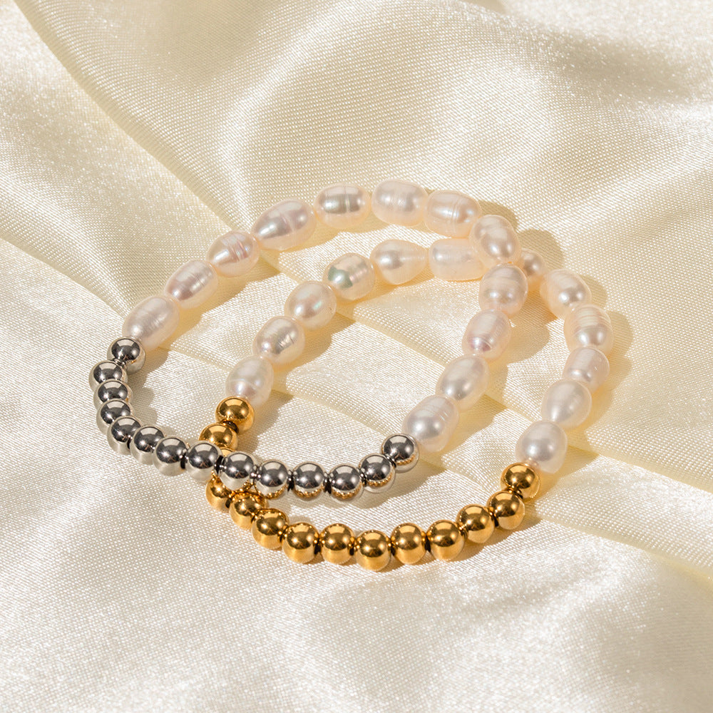Bracciale da donna stile INS con perle d'acqua dolce e catena placcata oro 16K in acciaio inossidabile geometrico