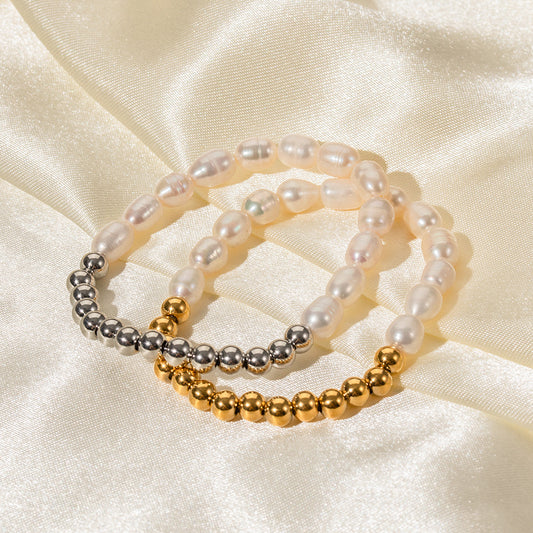 Bracciale da donna stile INS con perle d'acqua dolce e catena placcata oro 16K in acciaio inossidabile geometrico