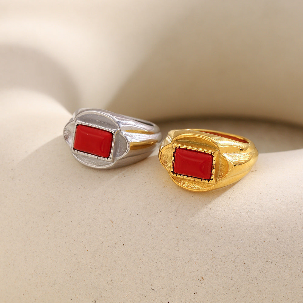 Anello da Donna in Acciaio Inossidabile con Placcatura Oro 18K, Pietra Rossa, Stile Geometrico Vintage, Accessorio di Lusso alla Moda