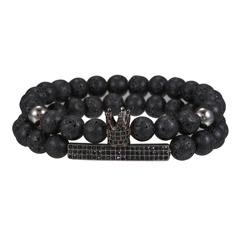 Minimalist Geometric Matte Black Agate and Cubic Zirconia Crown Bracelet Set