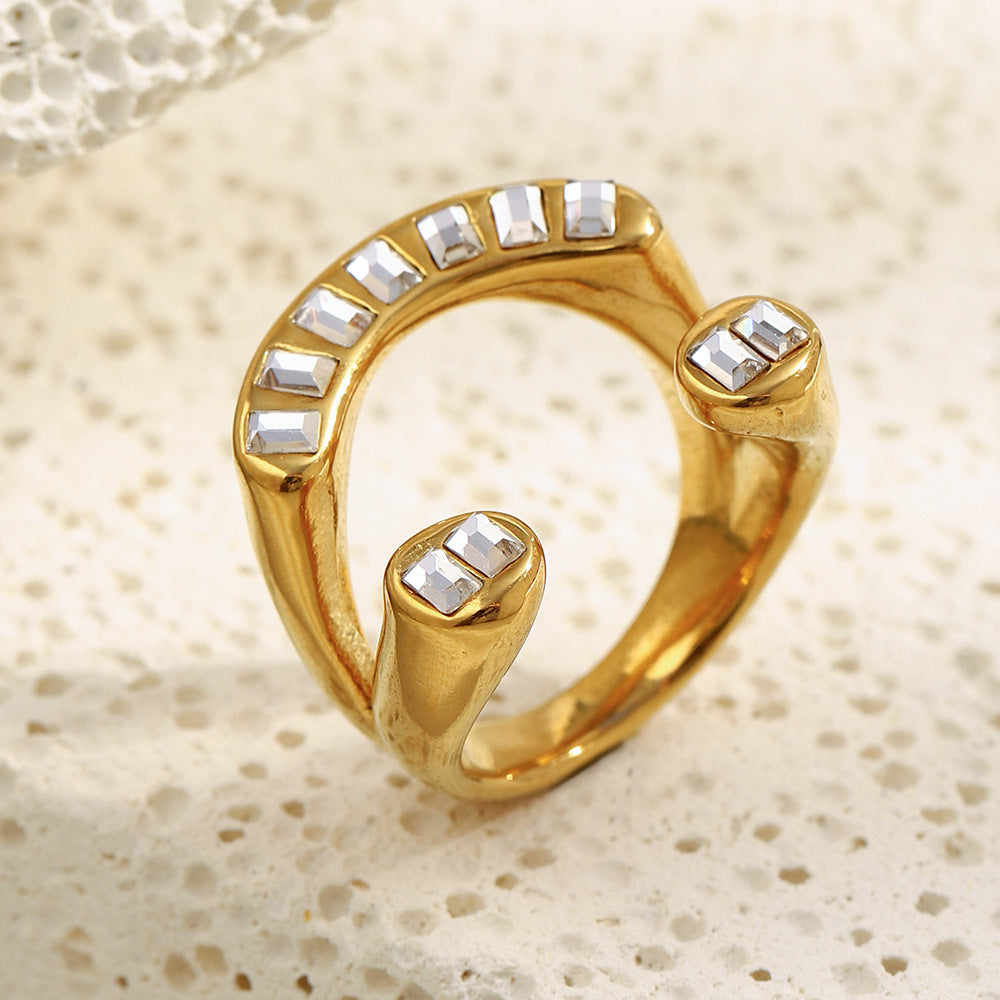Anello geometrico minimalista in acciaio inossidabile con placcatura in oro 18 carati e zirconi irregolari da donna
