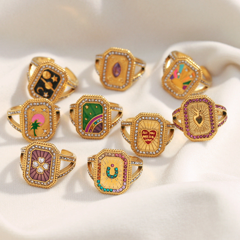 Anello da donna in acciaio inossidabile con placcatura in oro 18 carati e finitura smaltata, stile geometrico francese vintage
