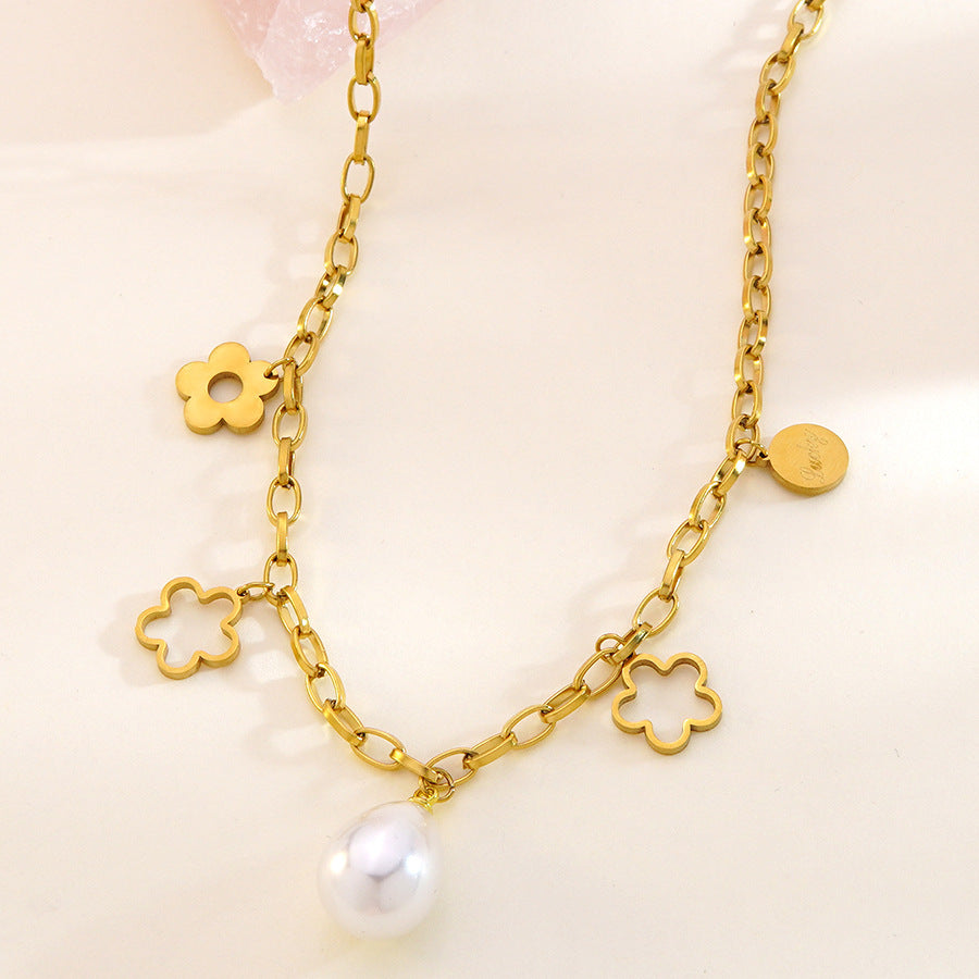 Sweet 18K Gold Plated Stainless Steel Flower Geometric Pearl Necklace Cable Chain
