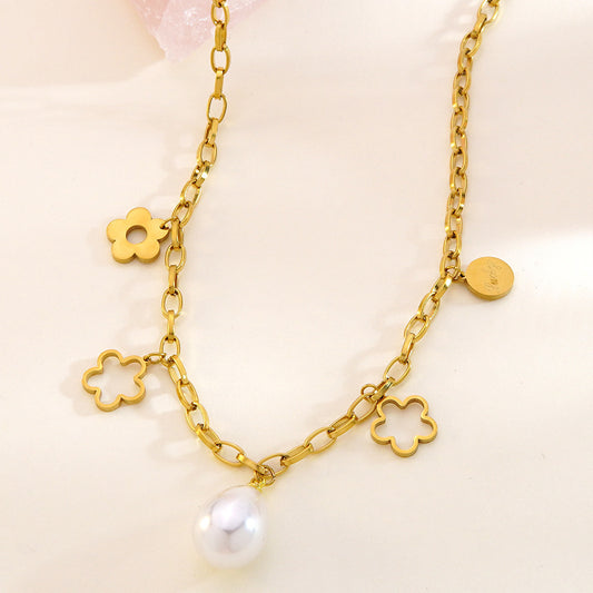 Dulce Collar de Perlas con Flor Geométrica de Acero Inoxidable Chapado en Oro de 18K Cadena de Eslabones