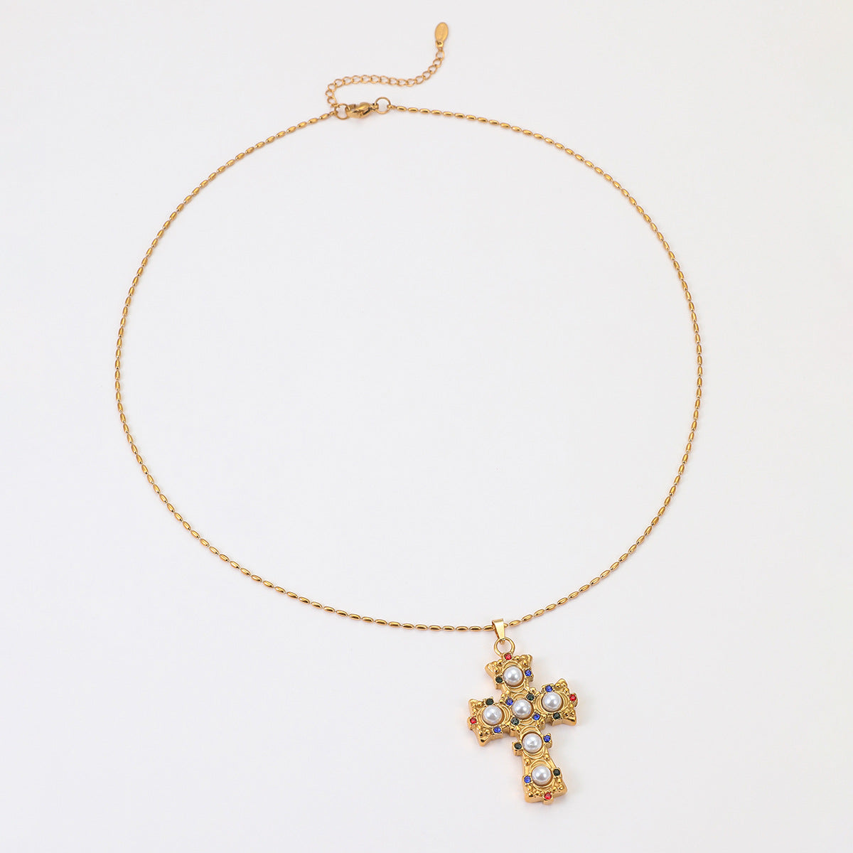 Collar con colgante de cruz de moda en acero inoxidable con baño de oro de 18 quilates y incrustaciones de pedrería colorida, diseño geométrico para mujer