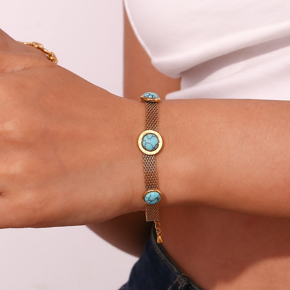 Pulsera de malla con cuentas redondas de turquesa geométrica estilo vintage para mujer en acero inoxidable con baño de oro de 18 quilates