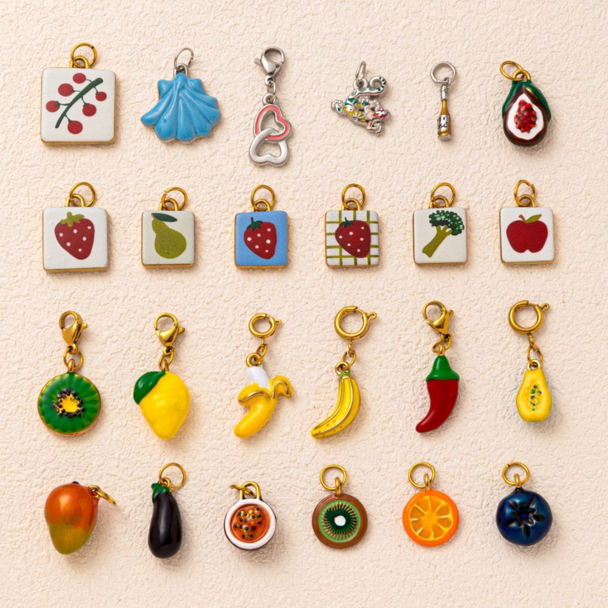 Vintage 18K Gold Plated Stainless Steel Fruit Charm Bar for Women