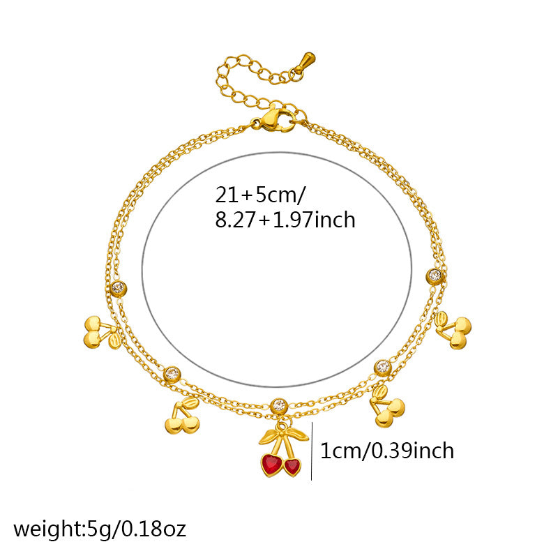 Sweet Heart Rhinestone Cherry Gold Plated Stainless Steel Double Layer Anklet for Women