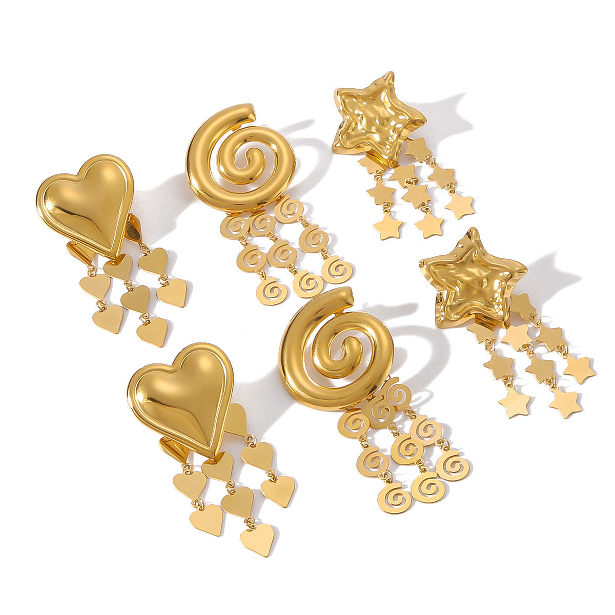 Orecchini Pendenti con Nappa a Stella, Cuore e Conchiglia Vintage in Acciaio Inossidabile con Placcatura Sottovuoto in Oro 18K da Donna