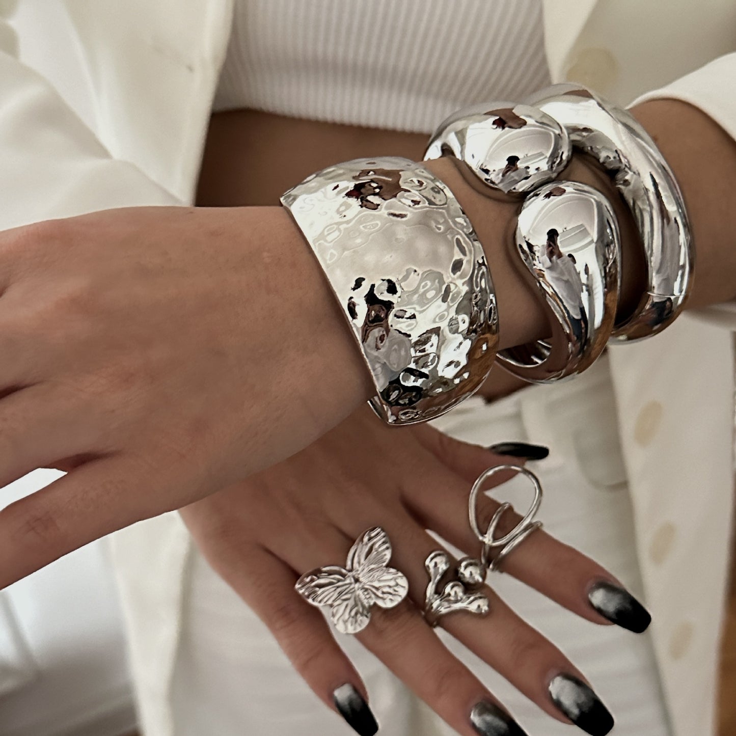 Heavy-Duty Polished Double Teardrop Oval Alloy Bracelet Set