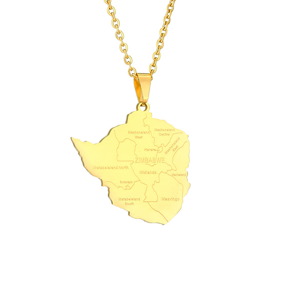 Collana pendente con mappa della città di Zimbabwe in stile etnico geometrico in acciaio inossidabile con ciondolo in acciaio al titanio e finitura galvanica su catena a O