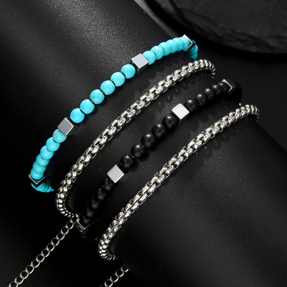 Bohemian Minimalist Round Turquoise and Hematite Beaded Chain Bracelet for Unisex
