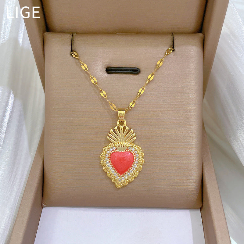 Vintage Crown Heart Shaped Stainless Steel Necklace with Moon Motif for Women and Men, Minimalist Clavicle Chain with Full Rhinestone Accents