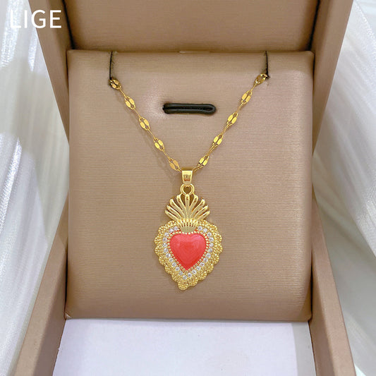 Vintage Crown Heart Shaped Stainless Steel Necklace with Moon Motif for Women and Men, Minimalist Clavicle Chain with Full Rhinestone Accents