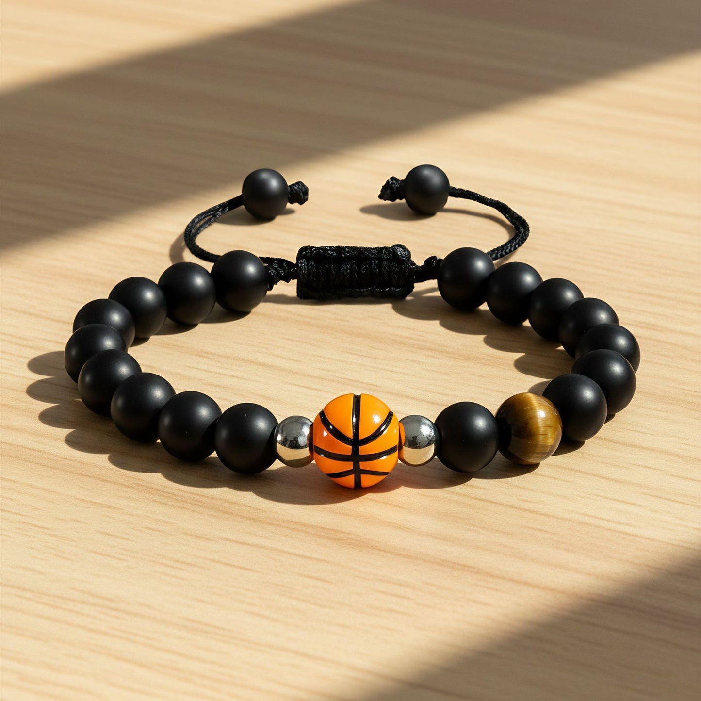 Matte Black Tiger Eye Stone Geometric Beaded Bracelet Unisex Handmade Woven