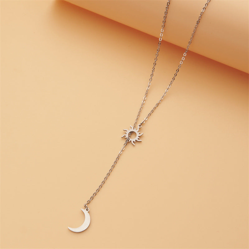 Minimalist Geometric Sun and Moon Pendant Necklace for Women in Stainless Steel with Titanium Steel Pendant and Plated Finish on O-Chain