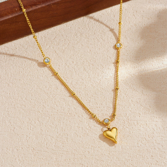 Minimalist Vintage Gold Plated Stainless Steel Heart Rhinestone Ball Chain Necklace for Women