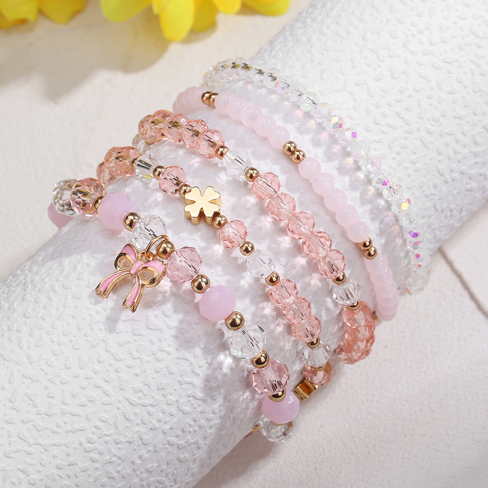 Sweet Pink Crystal Acrylic Bow Bracelet Handmade Beaded Stretch Jewelry for Women