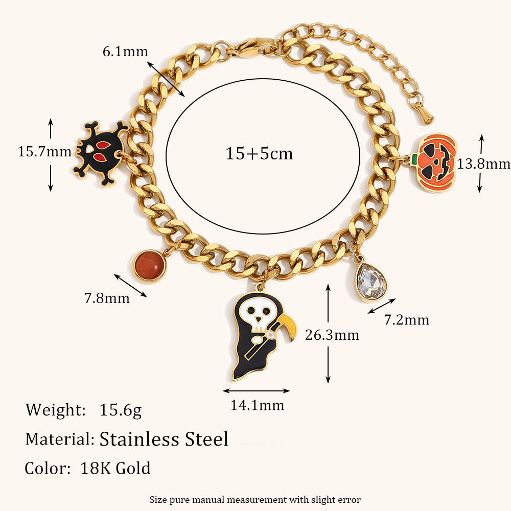 Cute Halloween-Themed Cartoon Pumpkin Pendant Stainless Steel Cuban Bracelet with 18K Gold Plating for Women
