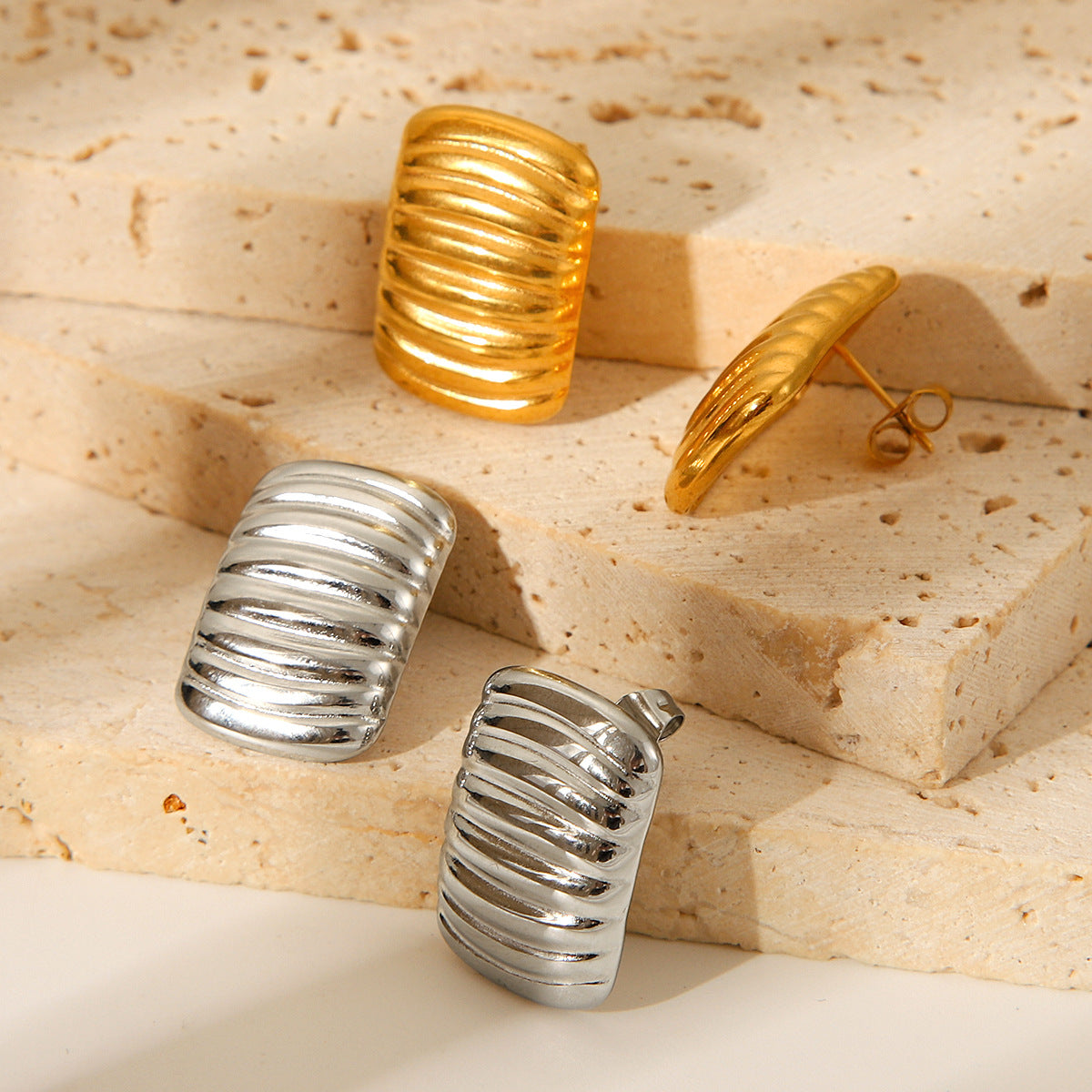 Minimalist Wave-Shaped Titanium Steel Earrings with 18K Gold Plating for Women, Geometric Square Stripe Design, Hypoallergenic Stainless Steel Posts