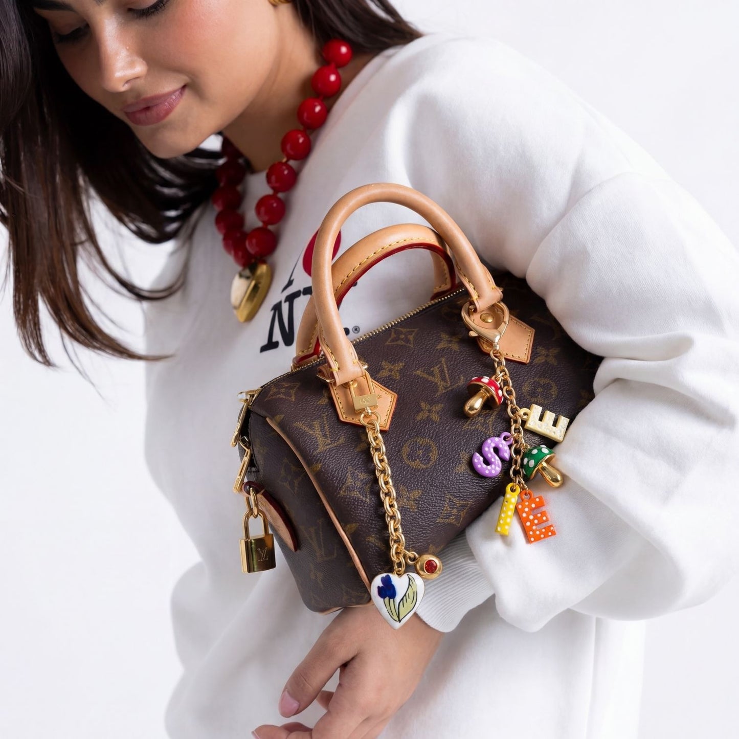 Creative Floral Resin Keychain with Rhinestone, Tassel, Letter and Ball Charms