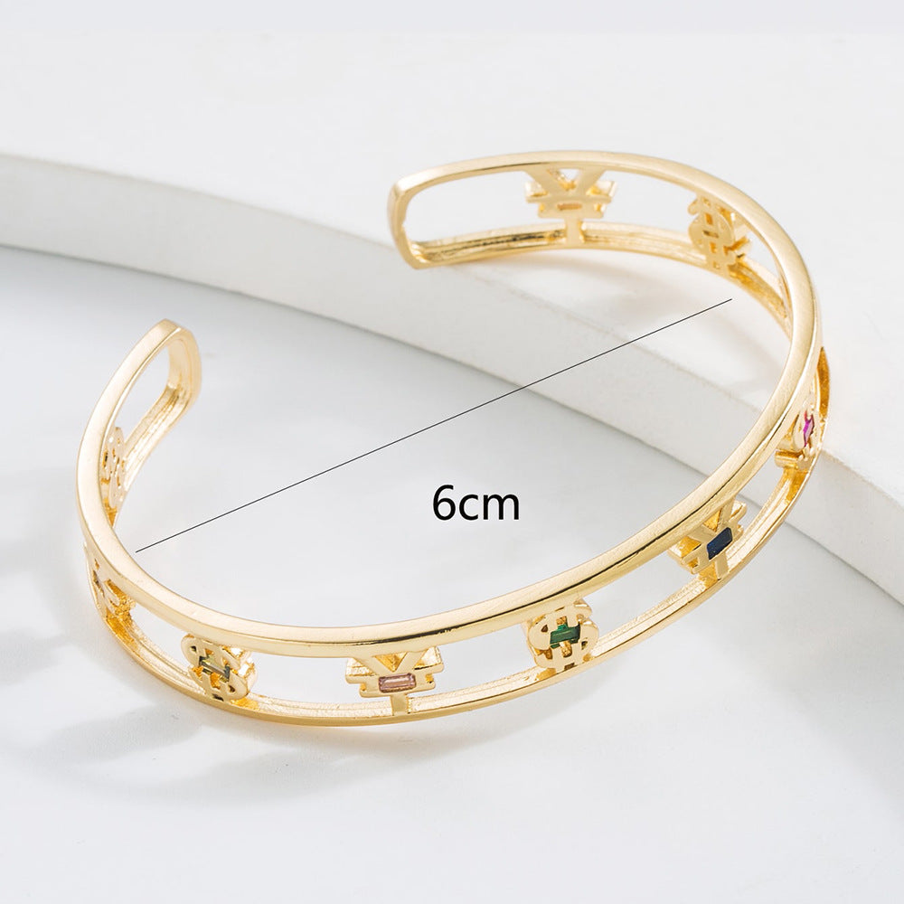 Minimalist Geometric Hollow-Out Cuff Bracelet for Women with Copper Base Plated in 18K Gold and Micro-Paved Zirconia