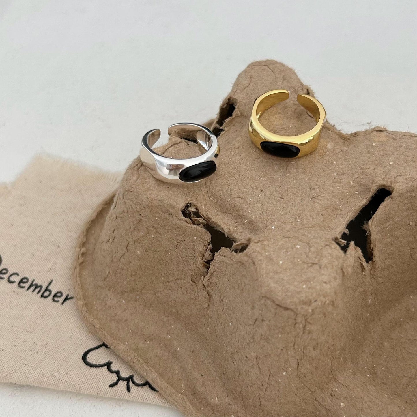 Anello minimalist ovale geometrico in agata nera di bambù, in argento sterling 925, da donna