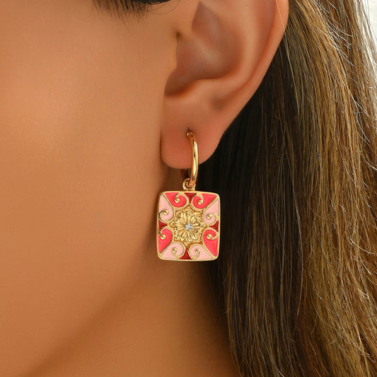 Minimalist Geometric Enamel Rhinestone Stud Earrings for Women in Zinc Alloy with Stainless Steel Posts