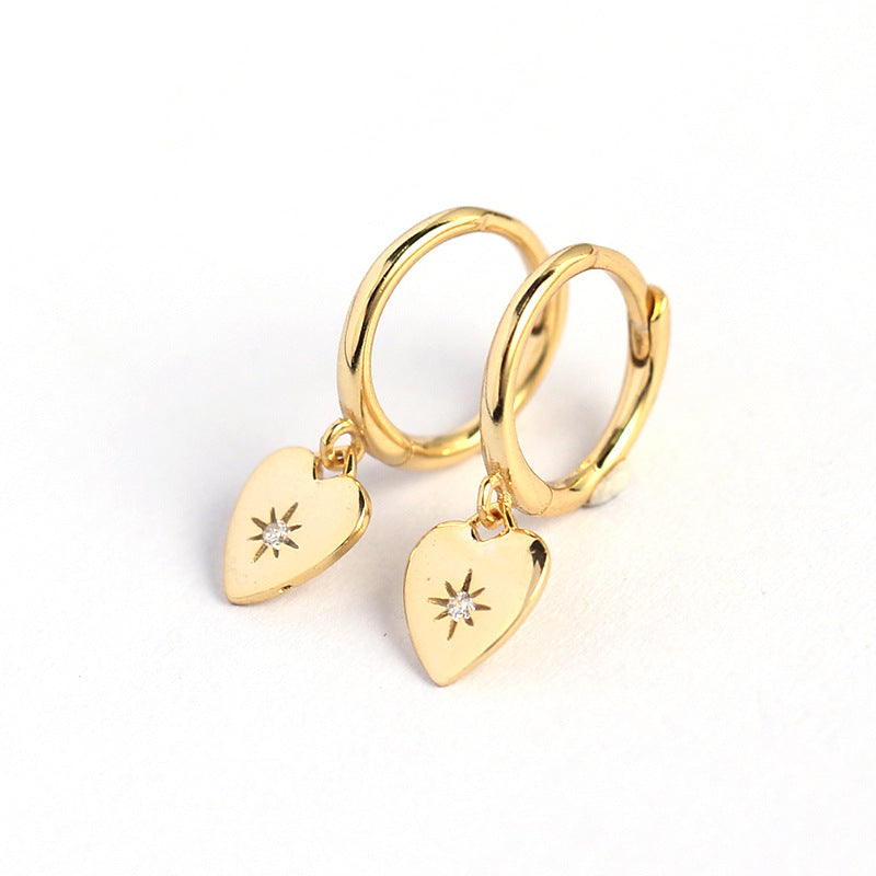 Eleganti orecchini a lobo minimalisti a forma di cuore in argento sterling S925 con intarsio di strass da donna