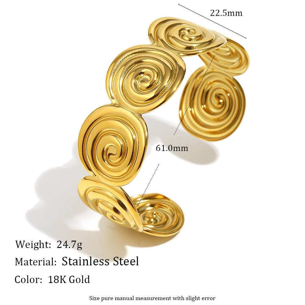 Minimalist Geometric Stainless Steel Plated 18K Gold Spiral Cuff Bracelet for Women