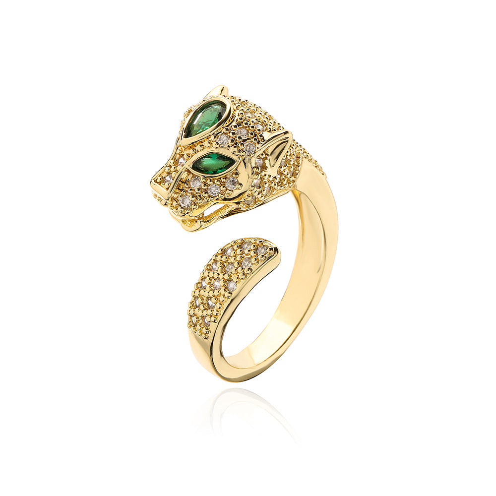 Minimalist Geometric Leopard-Shaped Copper Ring with 18K Gold Plating and Micro-Pavé Zirconia for Women