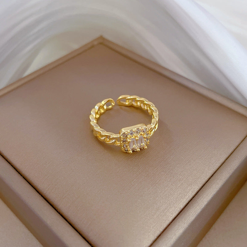 Minimalist Square Ring for Women in Brass with Gold Plating, Lightweight Micro-Pave Design