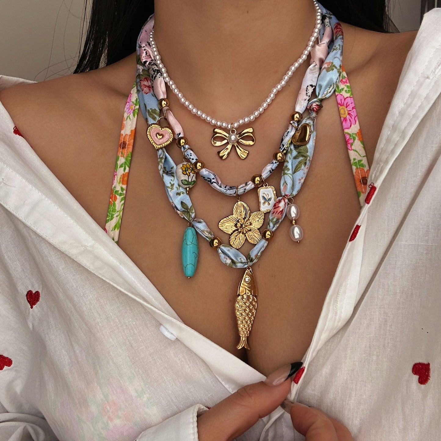 Casual Floral Heart Stainless Steel Plated Necklace with Ceramic Pendant for Women