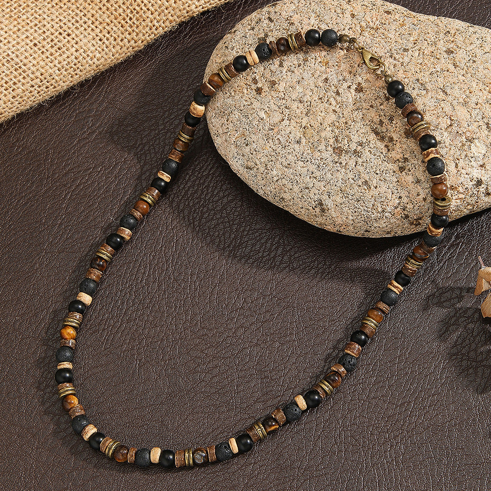 Hip-hop Geometric Round Wood and Tiger Eye Bead Necklace with Cable Chain for Unisex