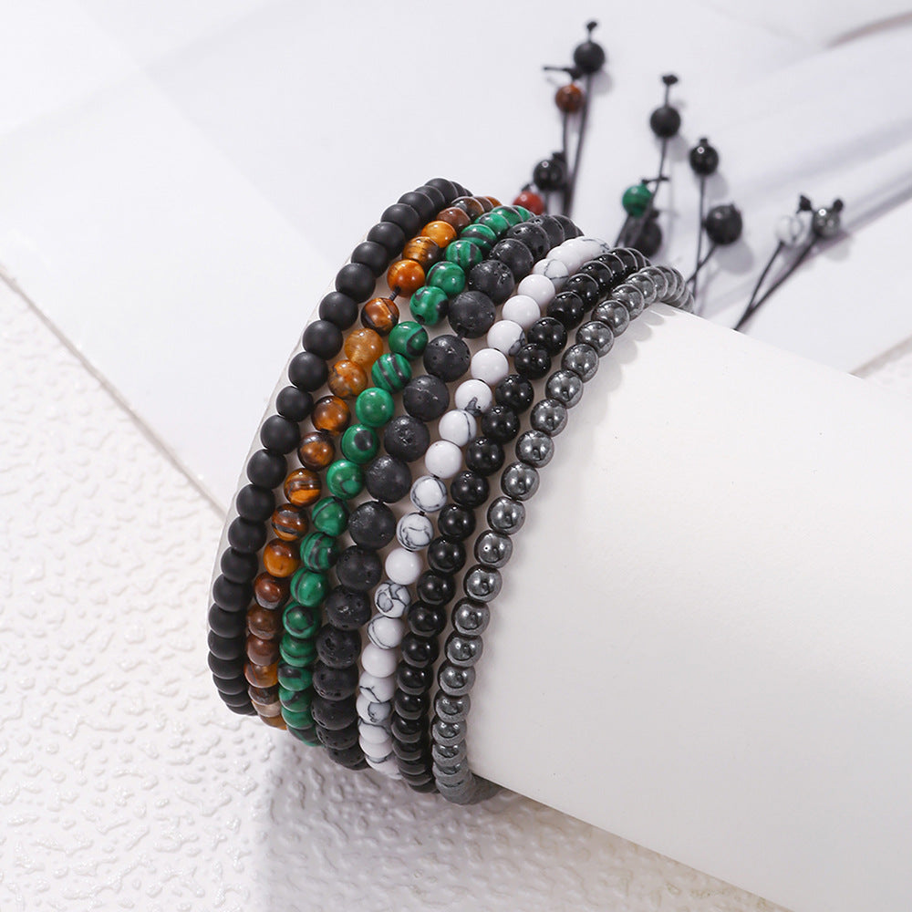 Handmade Geometric Round Tiger Eye Volcanic Stone Hematite Braided Bracelet for Men and Women