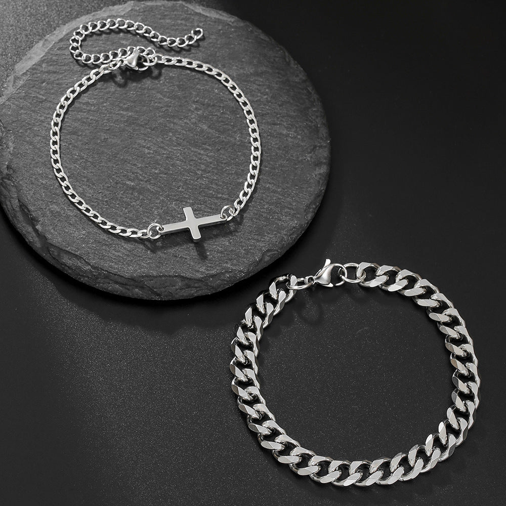 Streetwear Hip-hop Stainless Steel Cuban Link Chain Cross Geometric Bracelet Set for Unisex