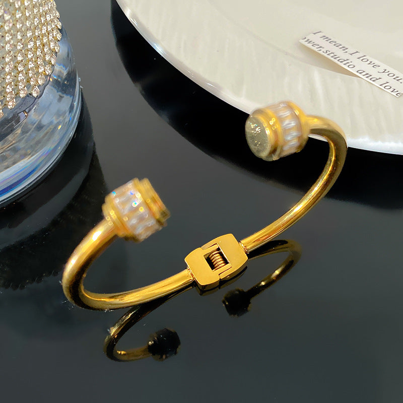 Luxury Geometric Cubic Zirconia Inlaid Titanium Steel PVD Plated Couple Bracelet