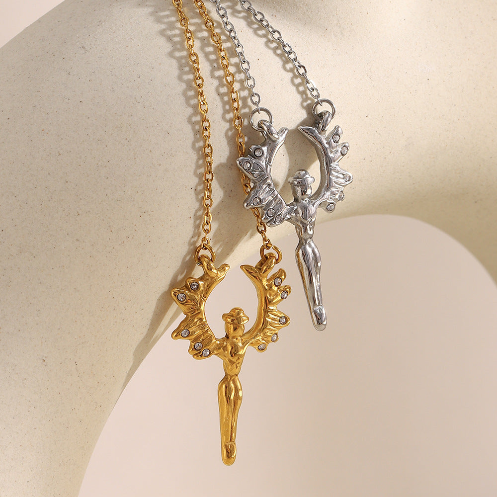 Collana con Ciondolo Angelo Geometrico Minimalista da Donna in Acciaio Inossidabile con Placcatura in Oro 18K