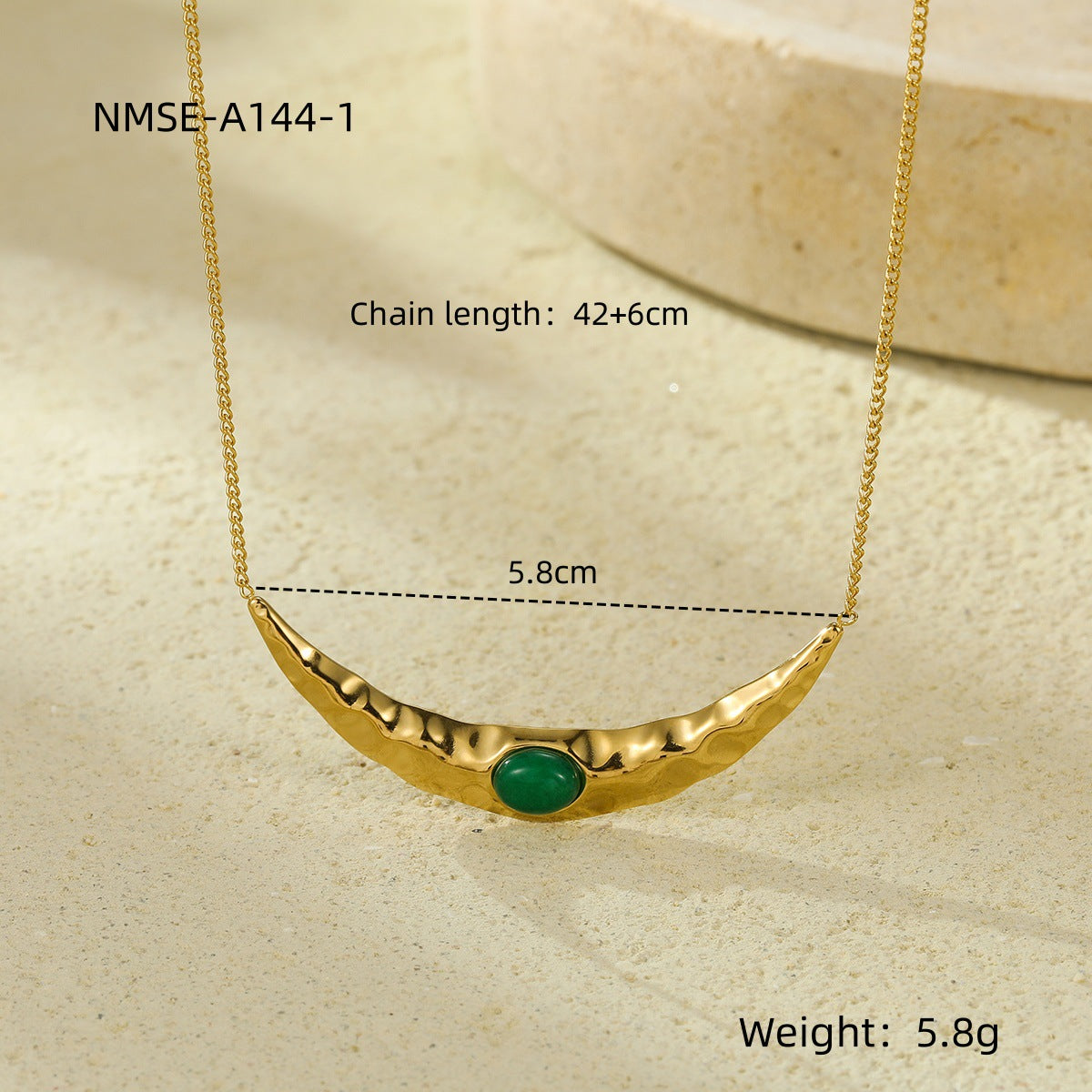 Vintage French Minimalist Stainless Steel Crescent Moon Pendant Necklace with Natural Stone Inlay, Hypoallergenic and Fade-Resistant Clavicle Chain