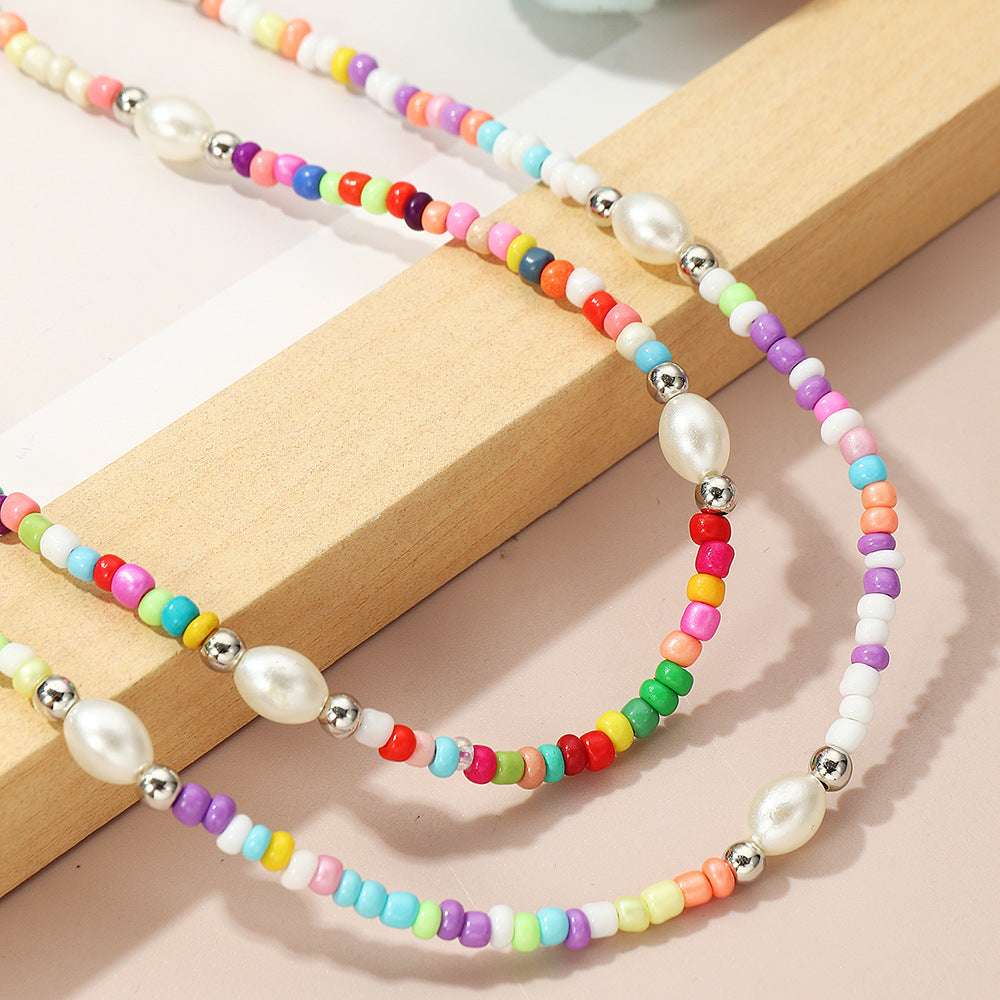 Collar Minimalista Geométrico de Doble Capa para Niñas Hecho de Cristal y Acrílico con Cadena de Bolas Redondas