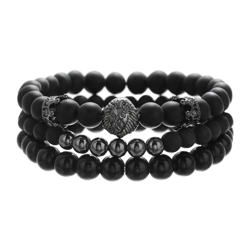 Sporty Crown Black Agate Beaded Bracelet for Men and Women