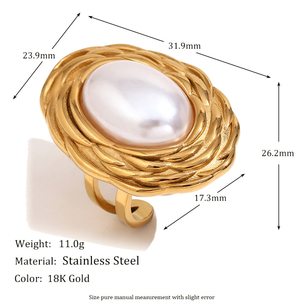 Anello da Donna Elegante in Acciaio Inossidabile d'Ispirazione Vintage, Placcato Oro 18K, con Motivo a Spiga e Forma Ovale