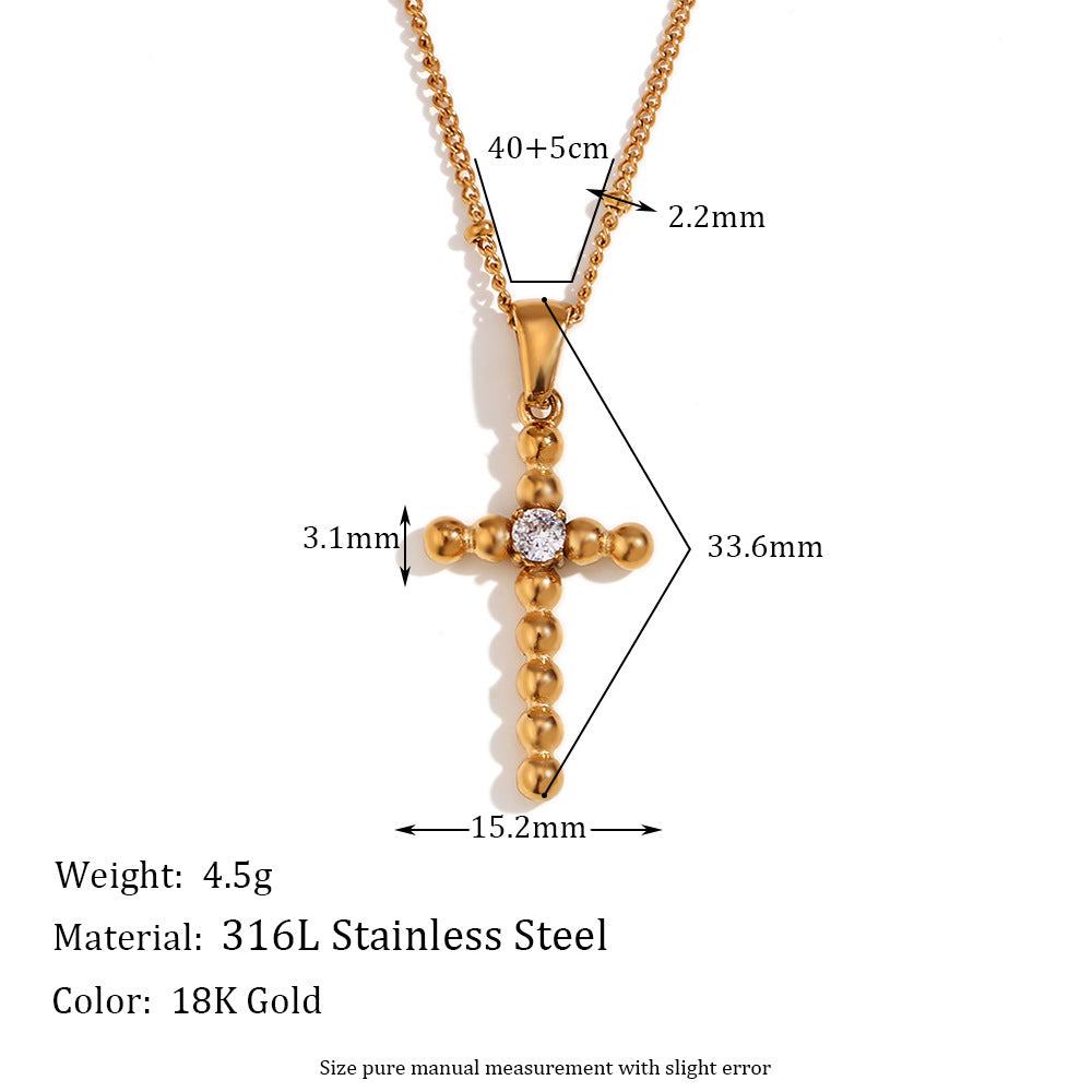 Vintage Minimalist Geometric Stainless Steel Plated 18K Gold Cross Pendant Necklace with Zircon Bead for Women