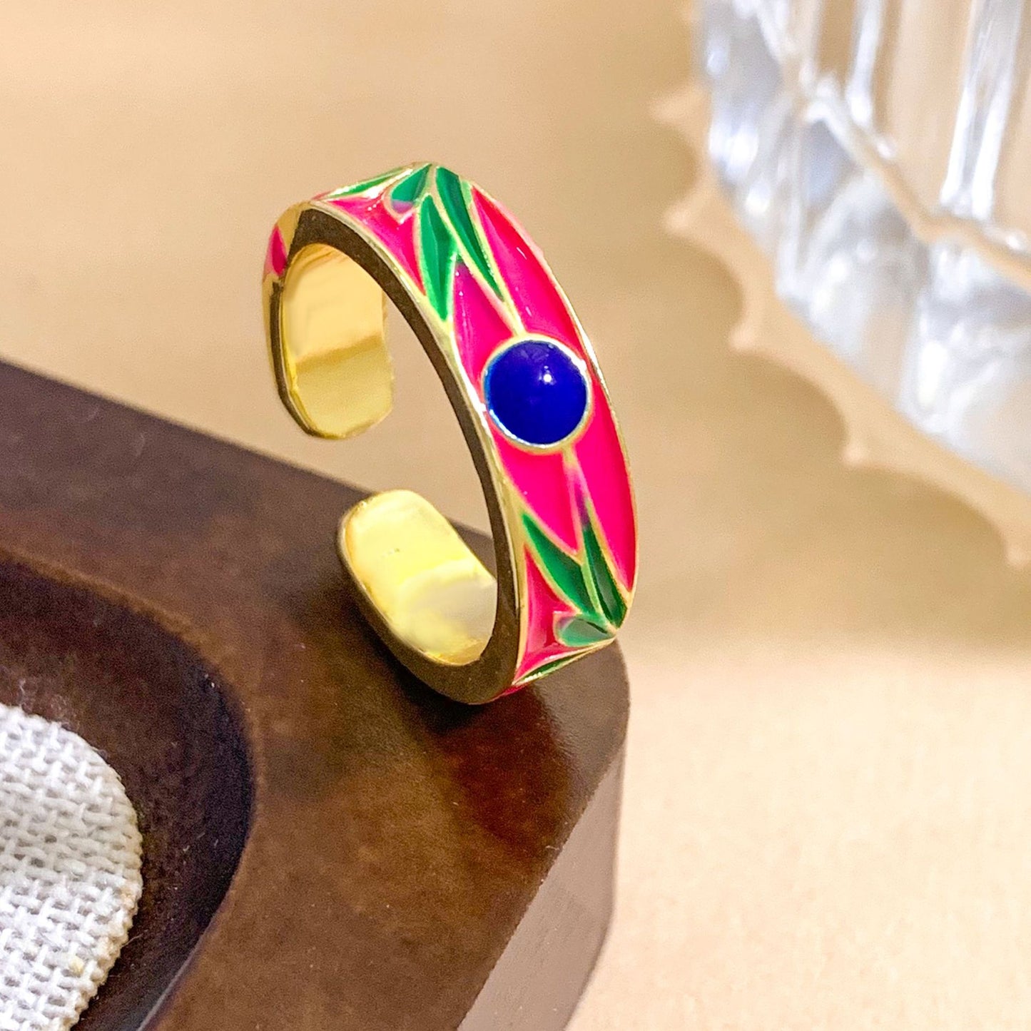 Sweet Floral Heart Gold Plated Brass Adjustable Ring for Women