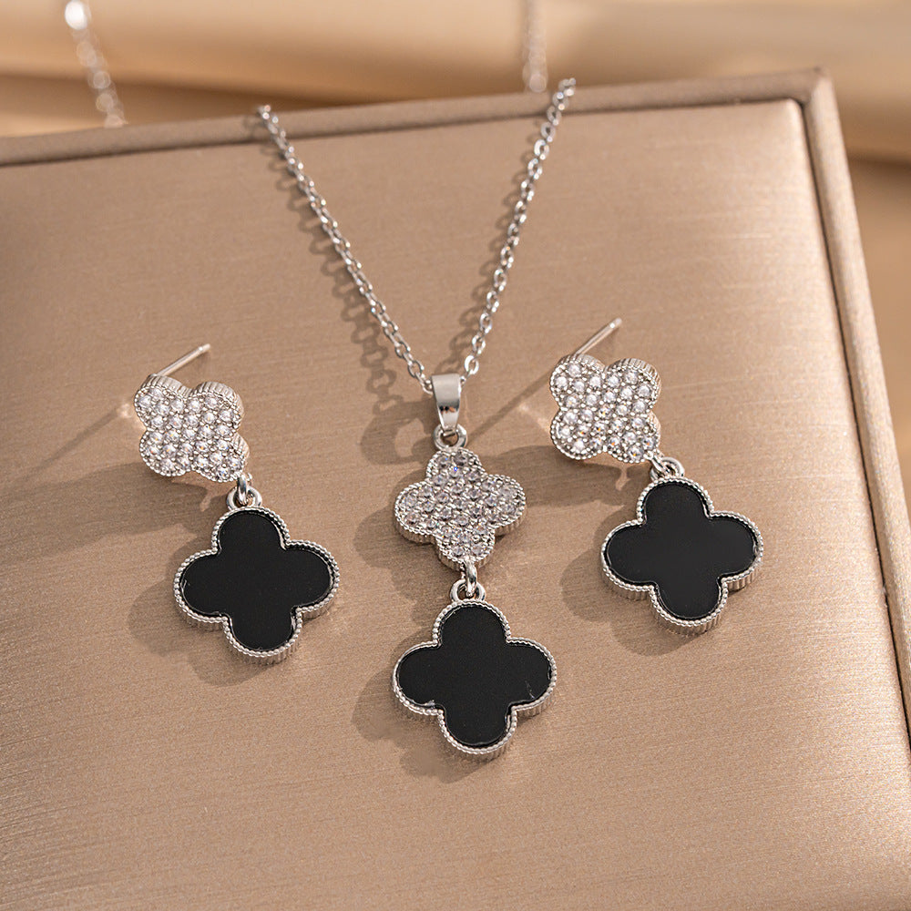 Set collana di lusso in acciaio al titanio geometrico con dettagli in strass micro-pavé e catena a maglie ovali per donna