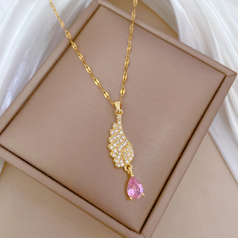 Collana con pendente a goccia d'angelo in acciaio inossidabile di lusso con intarsio completo di strass e design geometrico per donne e uomini
