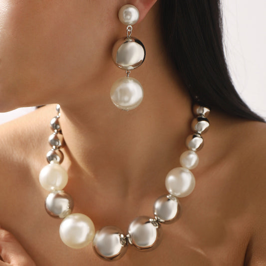 Sweet and Edgy Geometric Pearl Ball Necklace for Women with Iron Chain and Handcrafted Finish
