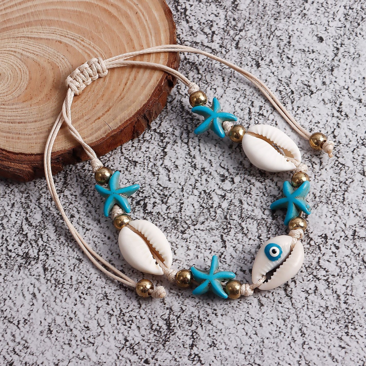 Handwoven Summer Beach Style Adjustable Anklet for Women with Star and Shell Motifs in Alloy